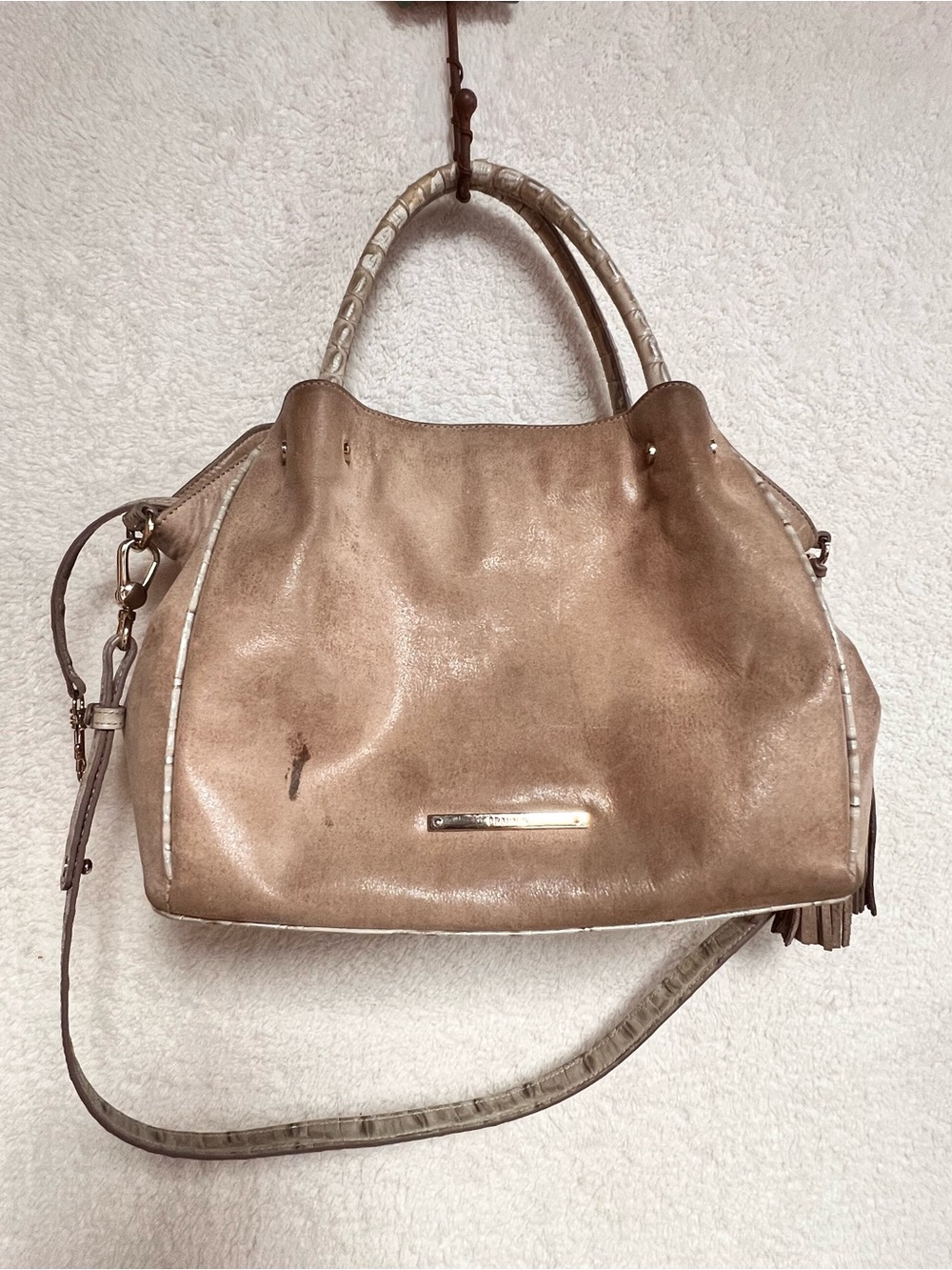 Brahmin Taupe Convertible Satchel with Croc-Textured Handles